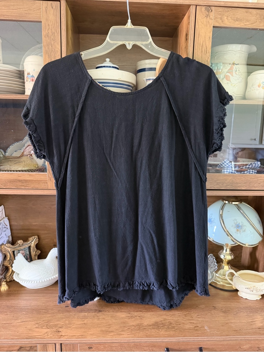 Umgee Black Linen Cotton Blend Short Sleeve Fringed Boho Ruffle Blouse Medium